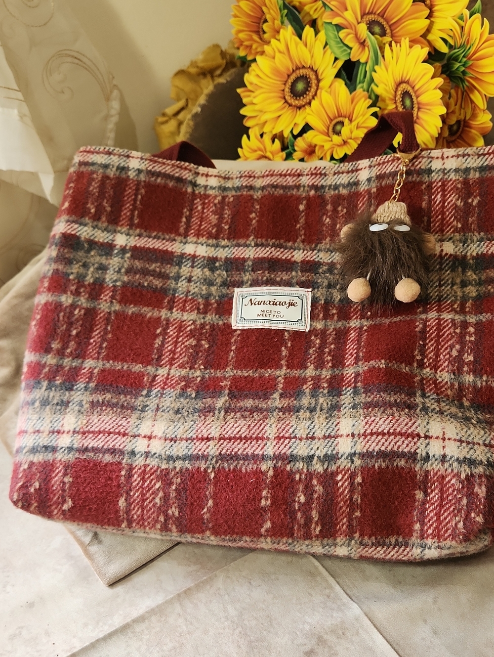 Red Plaid Wool-Blend Tote with Fur Charm
